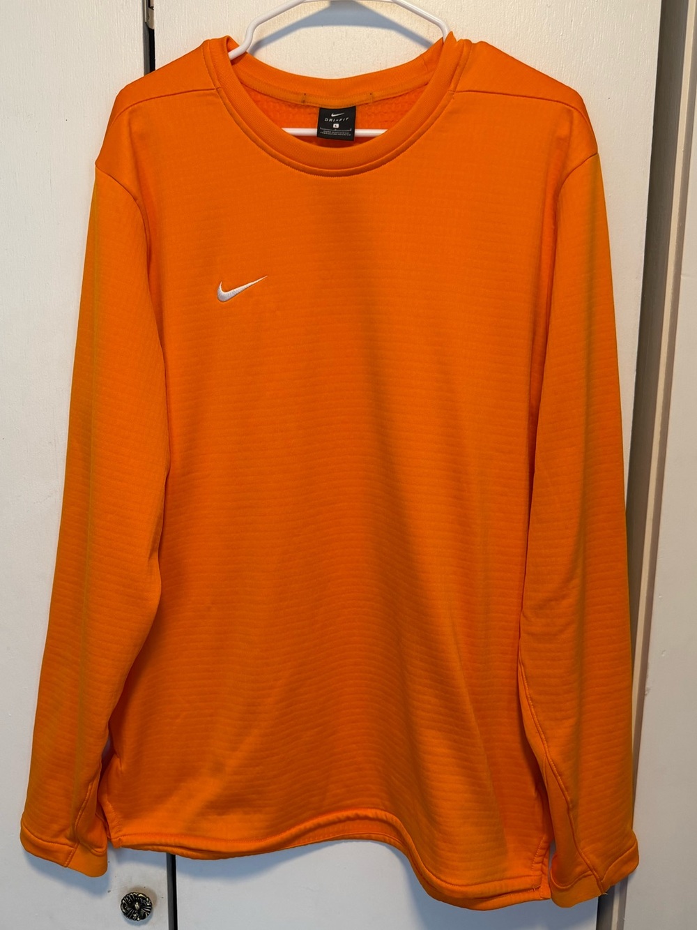 Nike Men’s Long Sleeve Crew in Vibrant Orange with White Swoosh